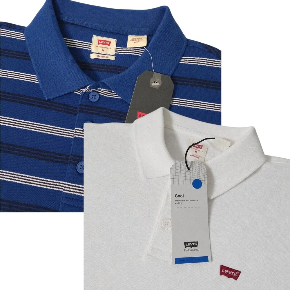 Levis Polo Shirt Mens M Blue White Striped Performance Cool LOT OF 2 PACK GOLF